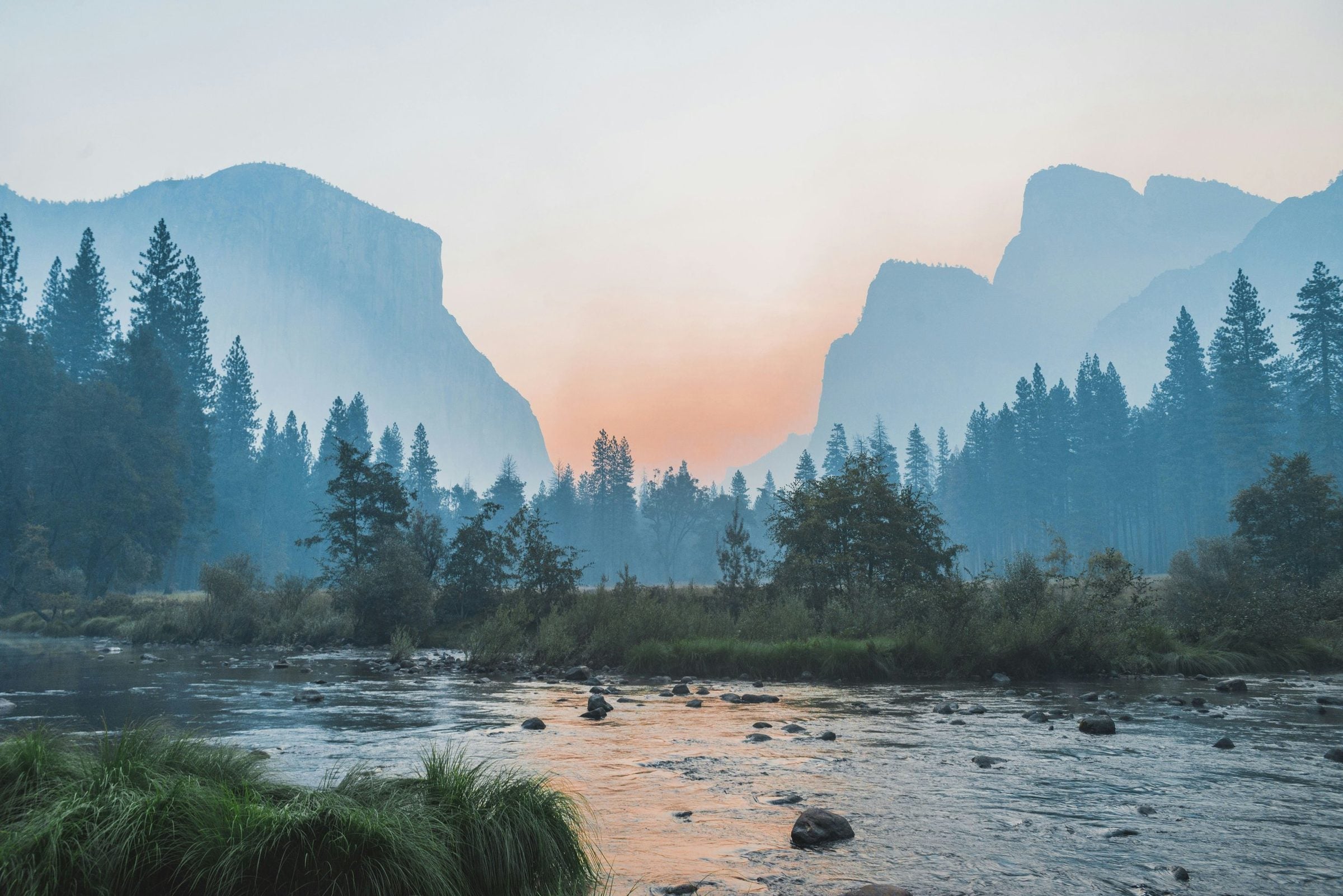 Blue mountains and tranquil river